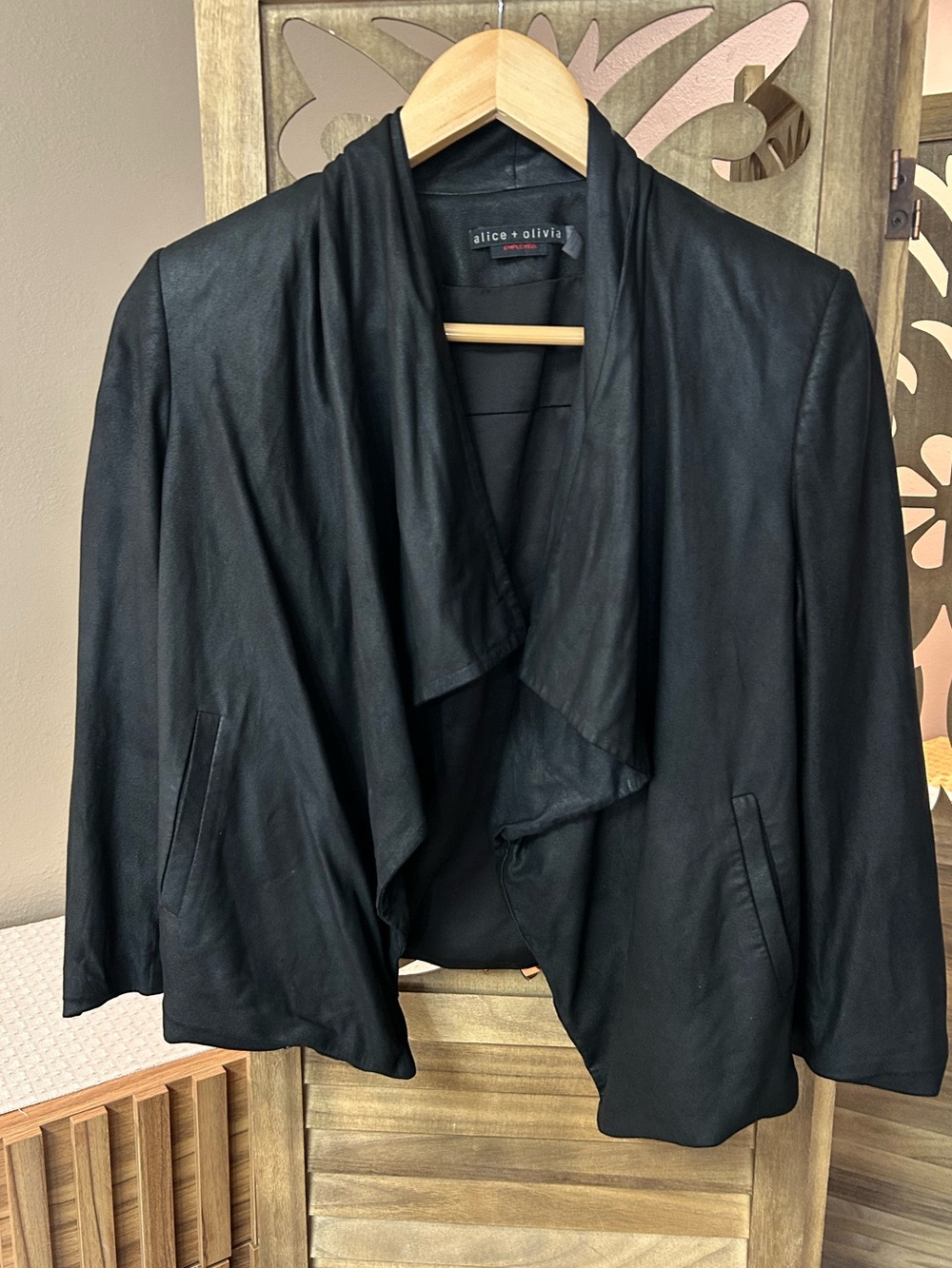 Alice + Olivia Lambskin Drape Front Open Jacket 3/4 Zipper Sleeves Size Small